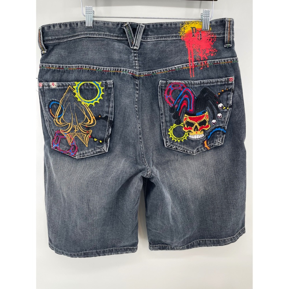 Pepe Jeans London Mens 40 Black Denim‎ Shorts Embroidered Jester Skull Y2K Skate